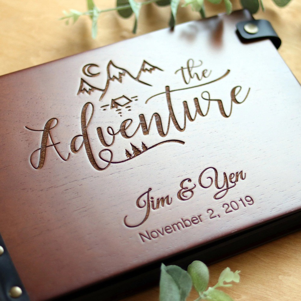 Personalized Wooden Travel Photo Album With Mountains Our Adventure Book Wedding Anniversary Gift For Couple
